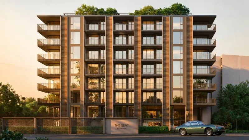 The GENS by Botanica at sunset — facade and entrance of the condominium in Bang Tao, Phuket