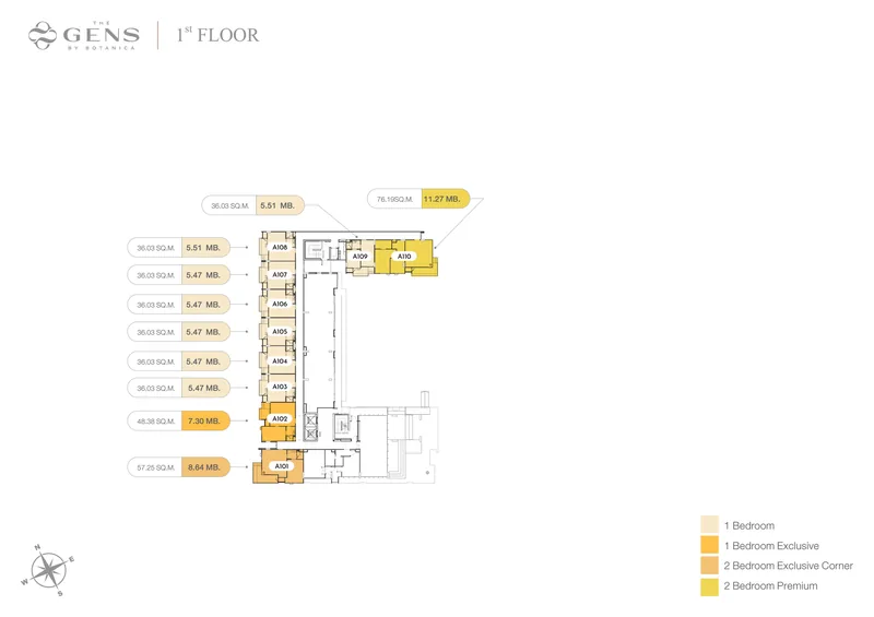 The GENS by Botanica 1st floor plan with unit numbers, sizes and prices