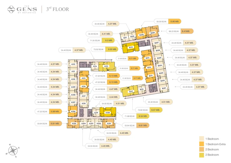 The GENS by Botanica 3rd floor plan with unit numbers, sizes and prices