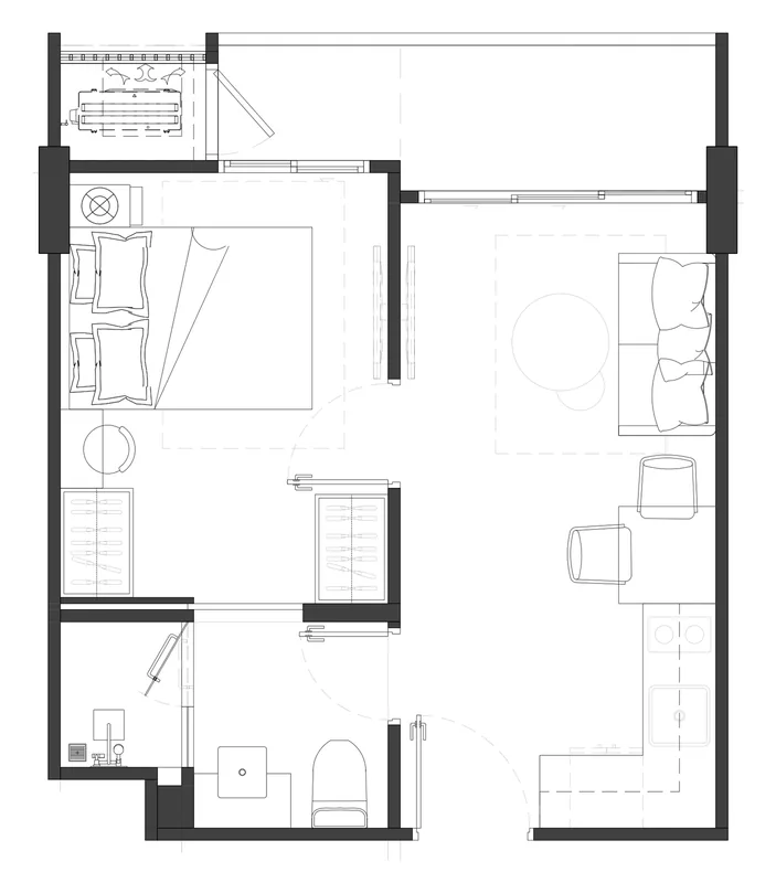 The GENS floor plan: 1 bedroom with full-width balcony, 34.46 m², furnished
