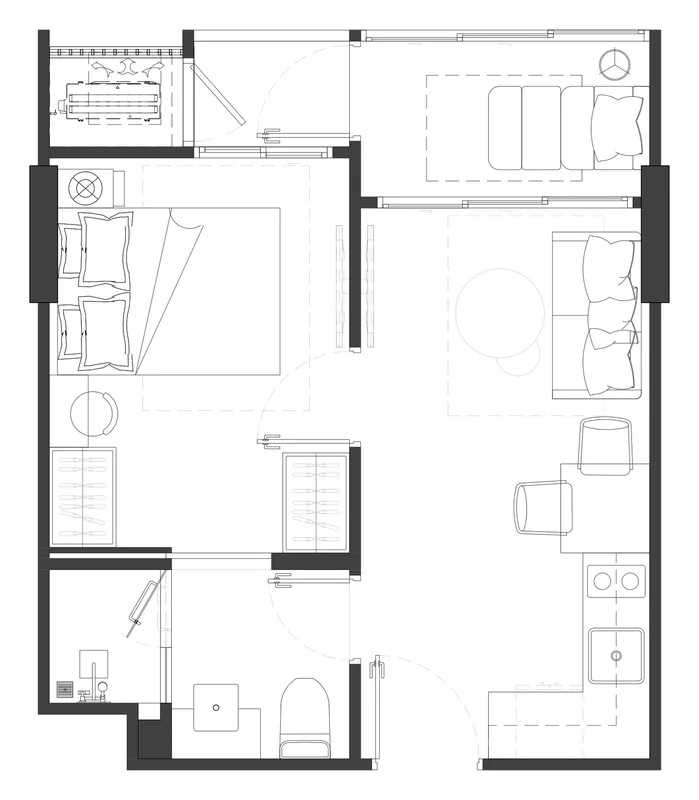 The GENS floor plan: 1 bedroom with flex balcony, 34.55 m², furnished